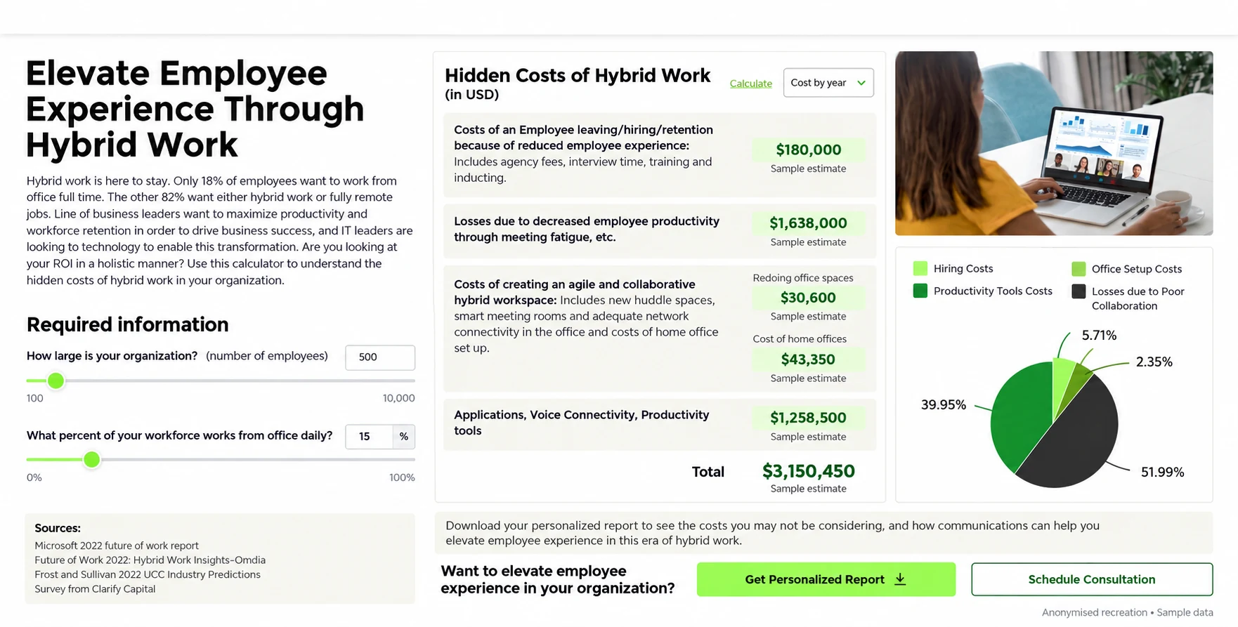 Anonymised recreation of the Hybrid Work: Cost Calculator application screens