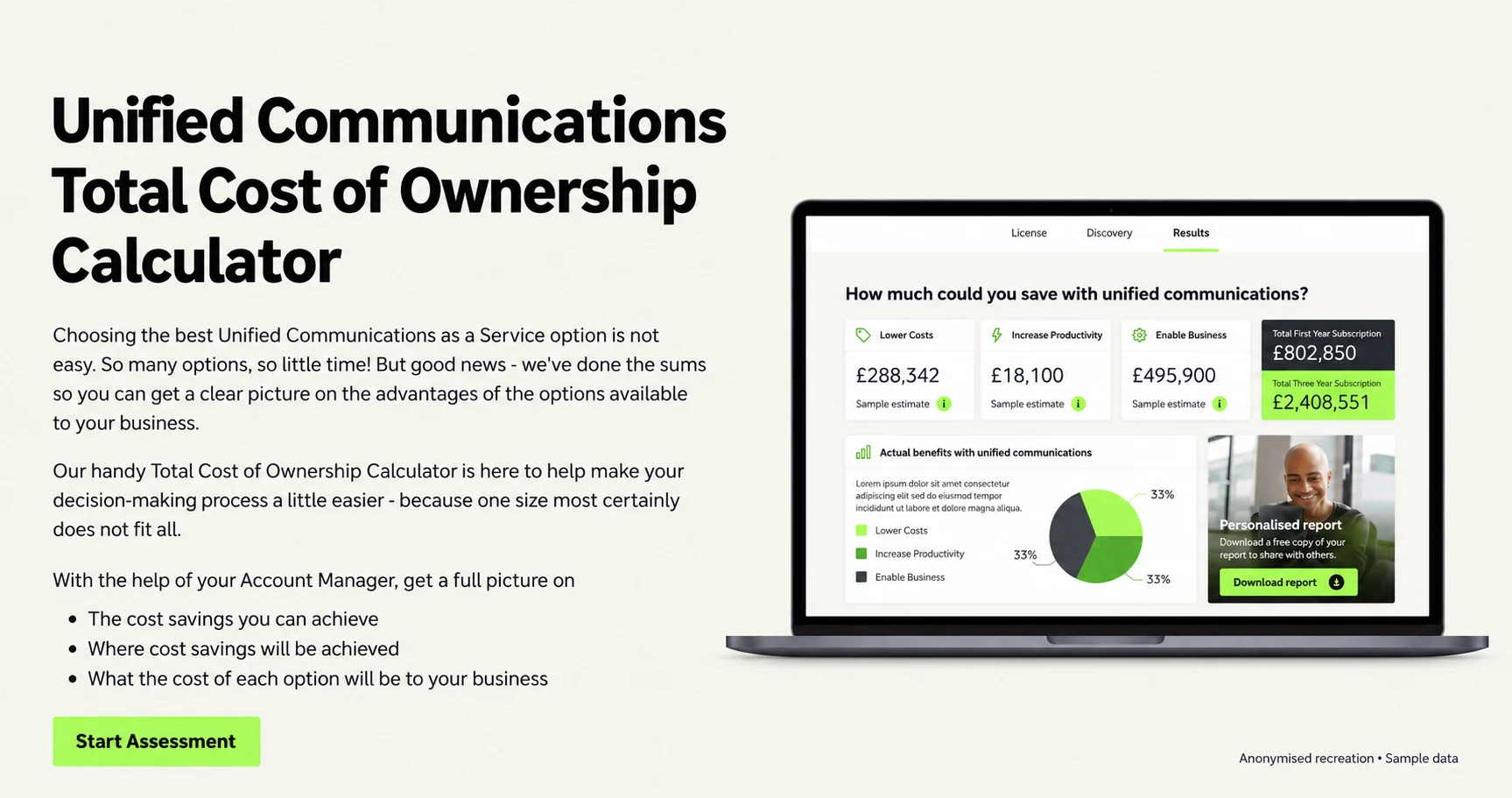 Anonymised recreation of the Turning UCaaS choices into a customer-specific business case application screens